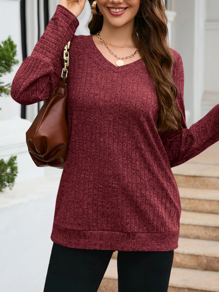 Ribbed knit V-neck long sleeve top with drop shoulders