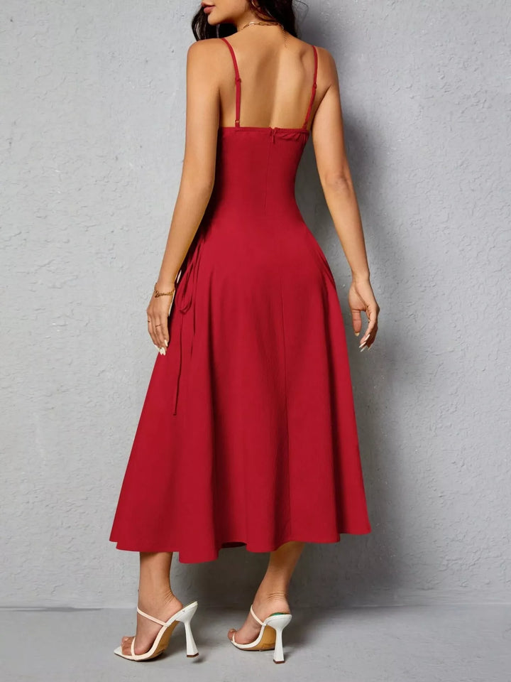 Lace-up side A-line midi dress with ruched bodice