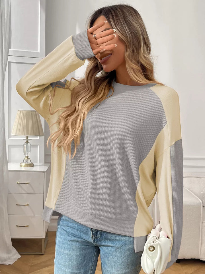 Color block waffle knit long sleeve top