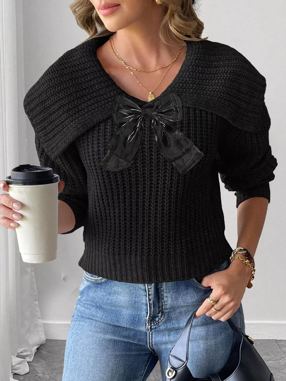 Waffle knit foldover collar sweater with contrast bow