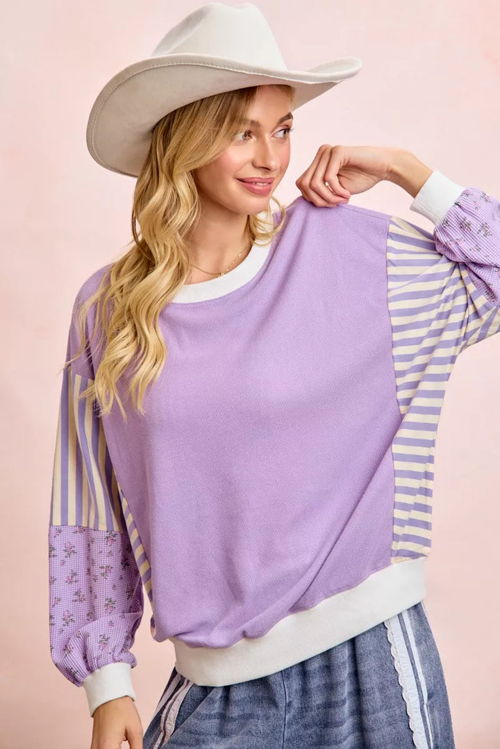 Mix-print waffle knit sweatshirt with striped and floral sleeves