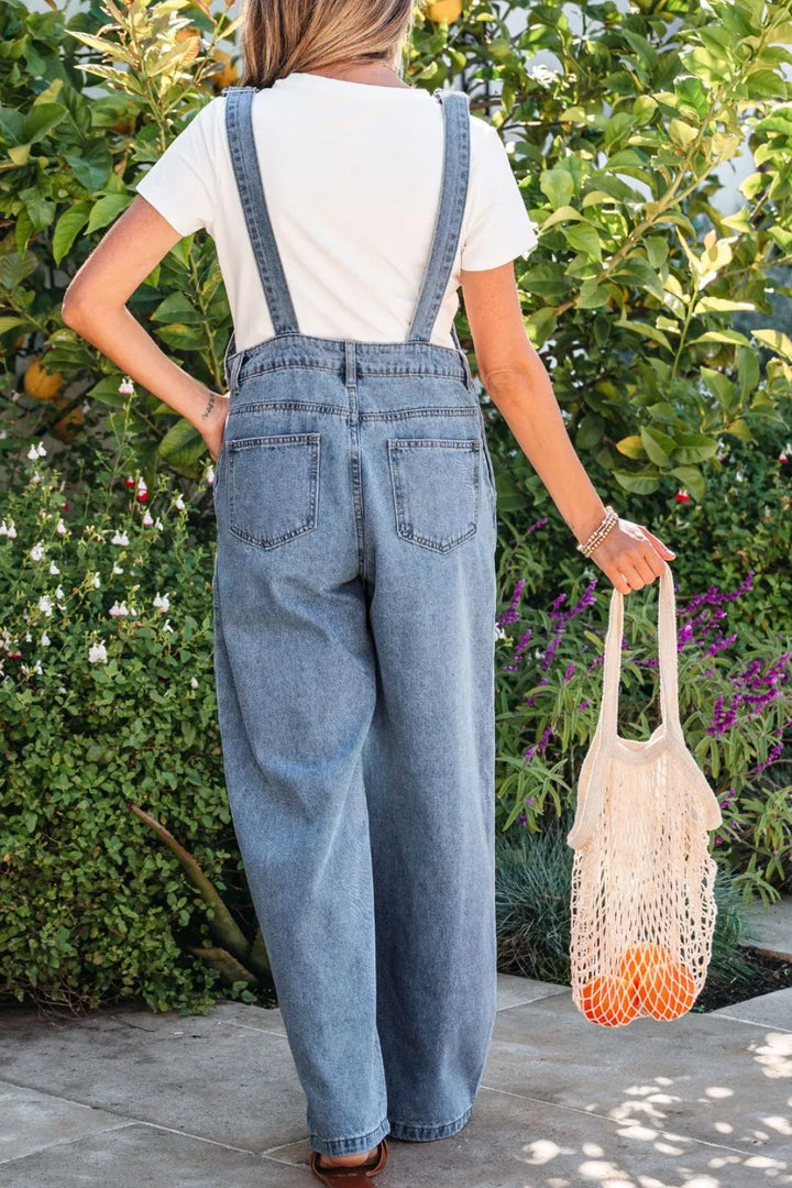 Pleated wide-leg denim overall jumpsuit with bib pocket