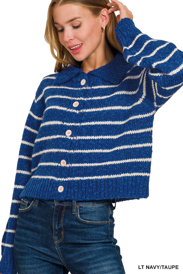 Cropped striped collared button-down cardigan