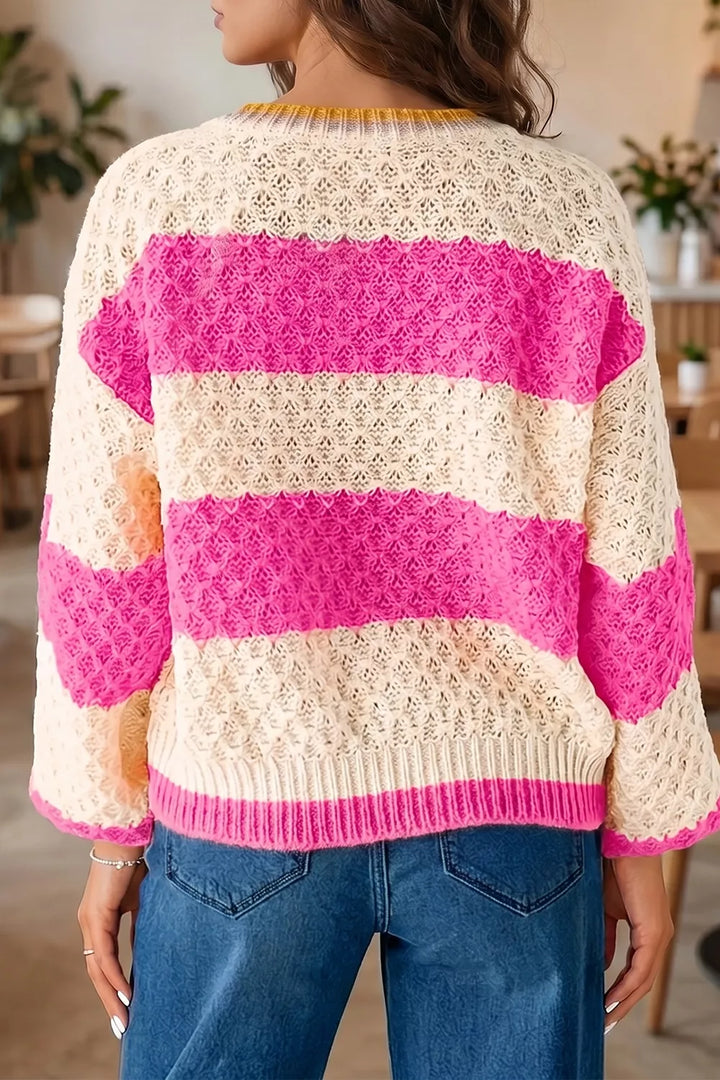Textured knit colorblock stripe drop shoulder sweater