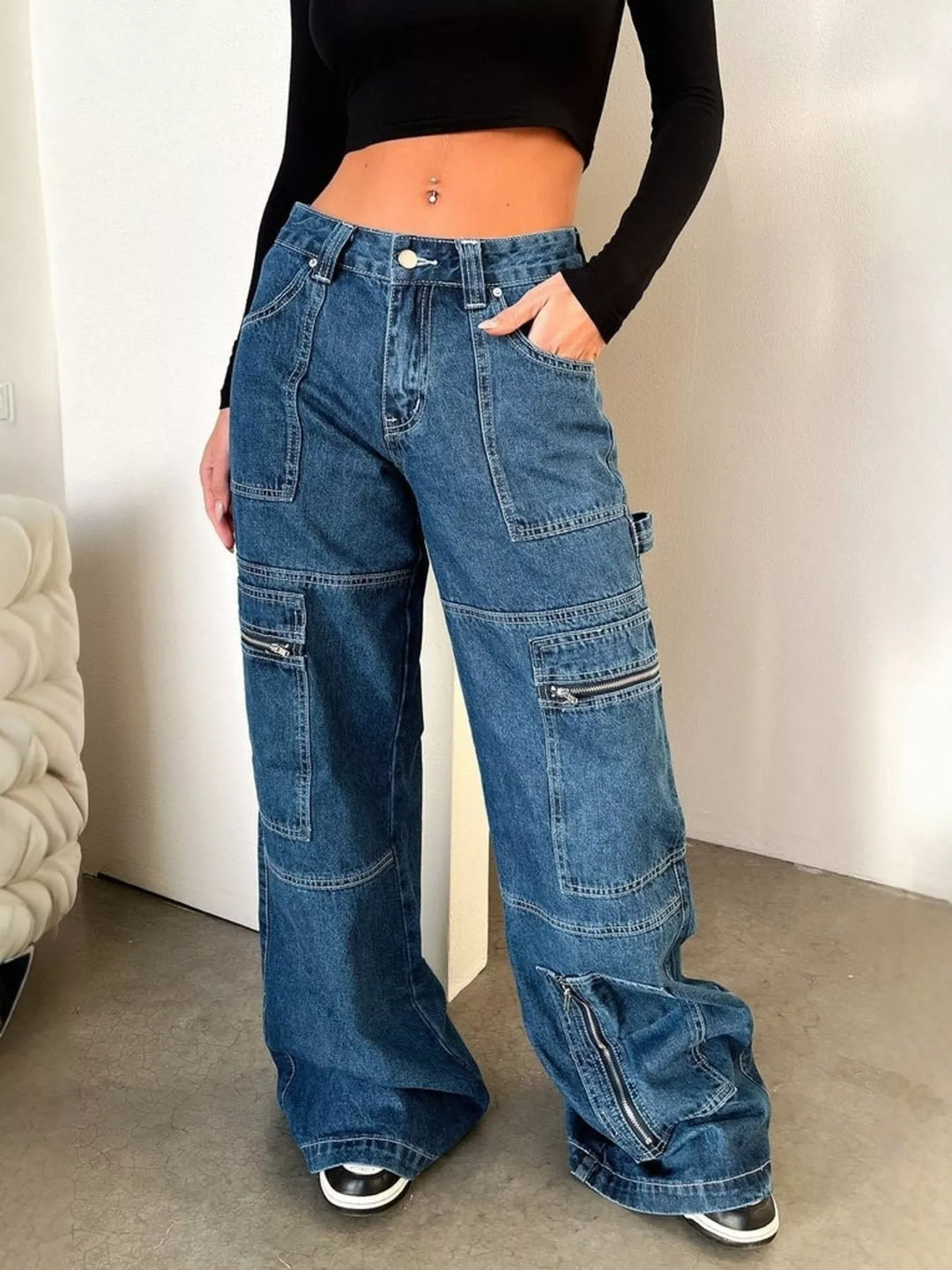 Dark Blue Wide-leg cargo jeans with zip pockets and hem zips