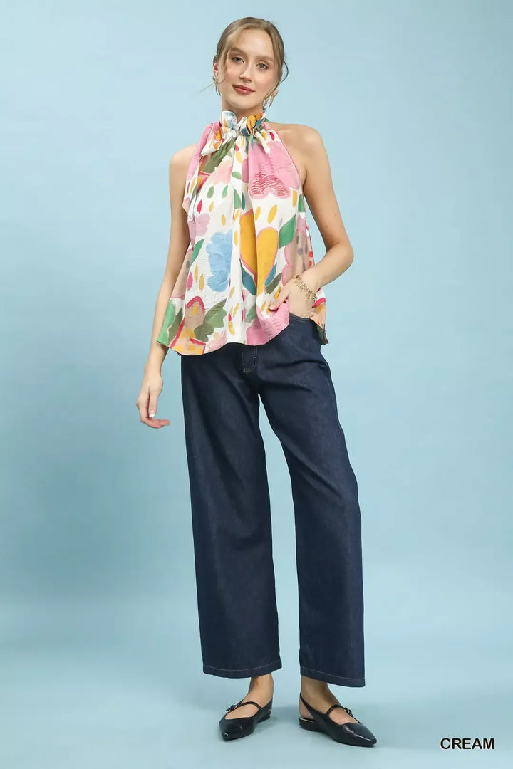 Painted floral halter tie-neck boho top with lace trim