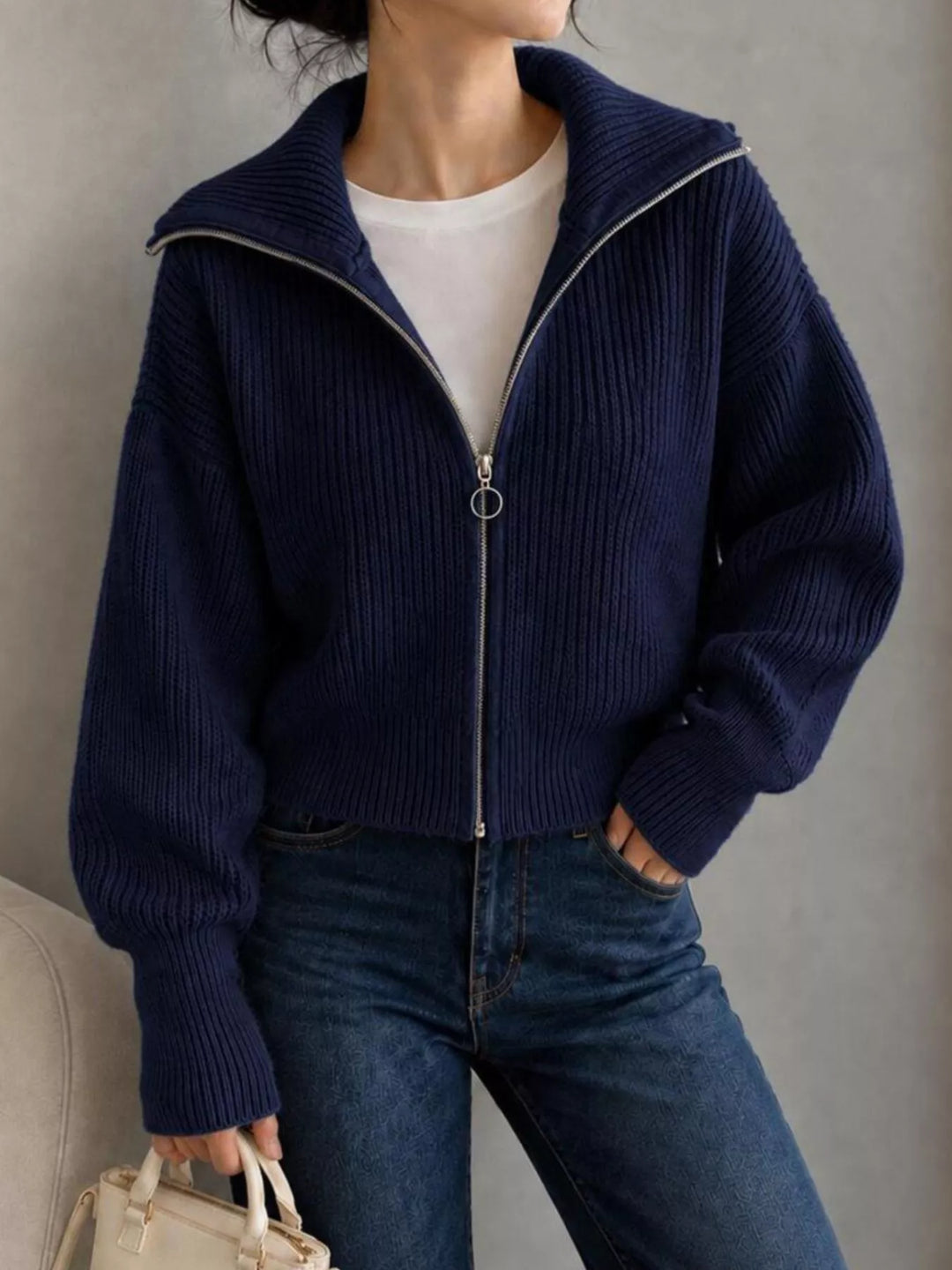 Chunky two-way zip sweater jacket with foldover collar