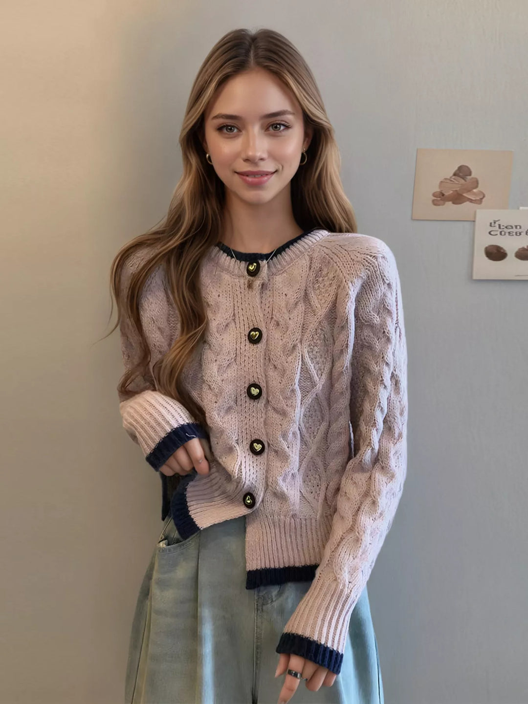 Cable knit button-up cardigan with contrast trim