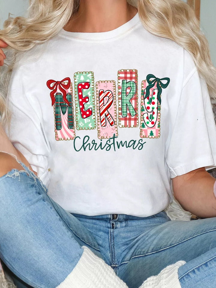 Merry Christmas patchwork letter graphic tee with bows