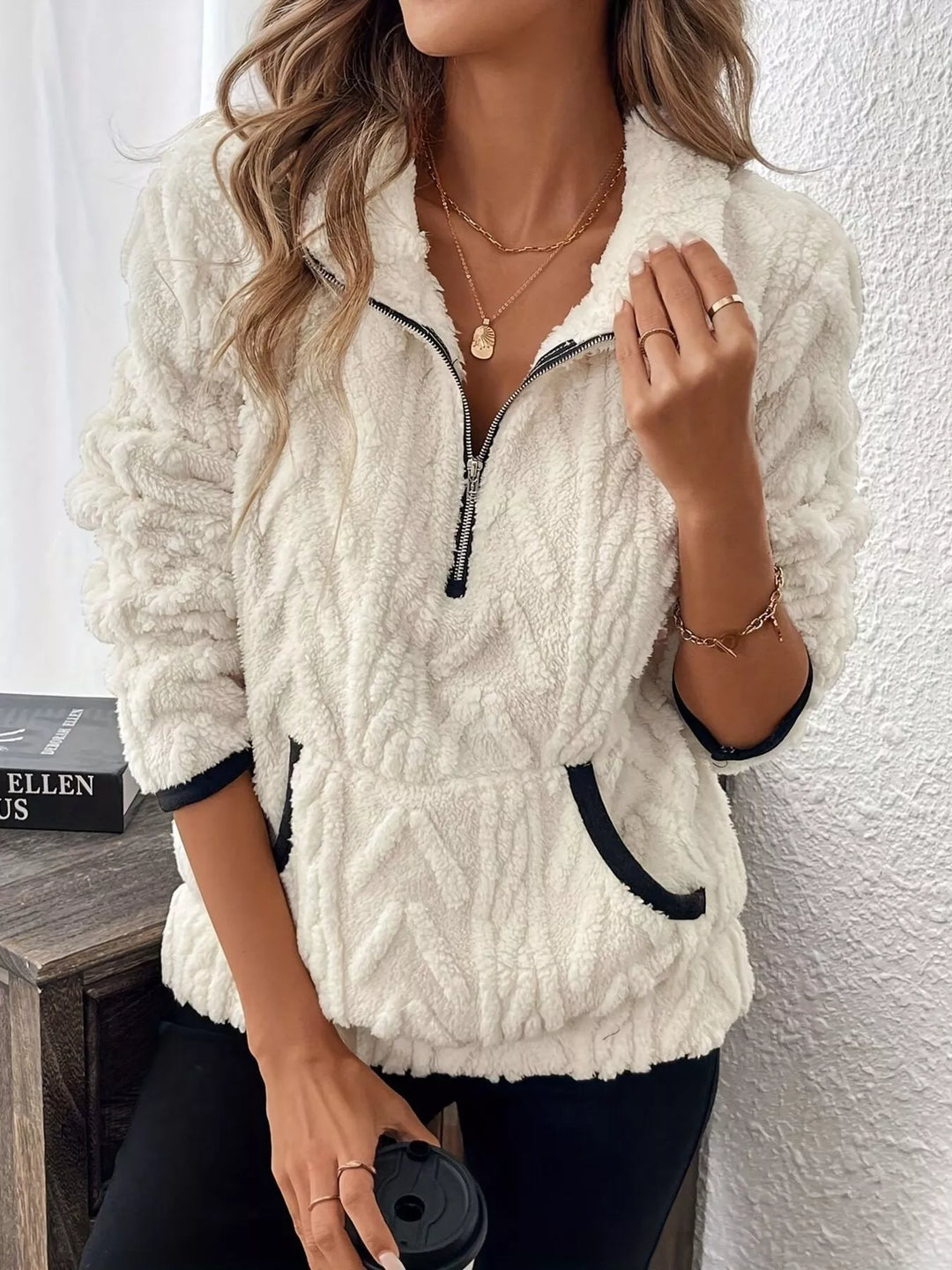 Gray/white Textured fleece half-zip pullover with kangaroo pocket