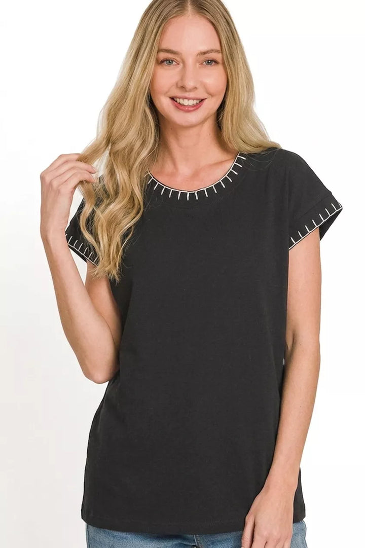 Oversized crew neck cotton tee with contrast stitch trim