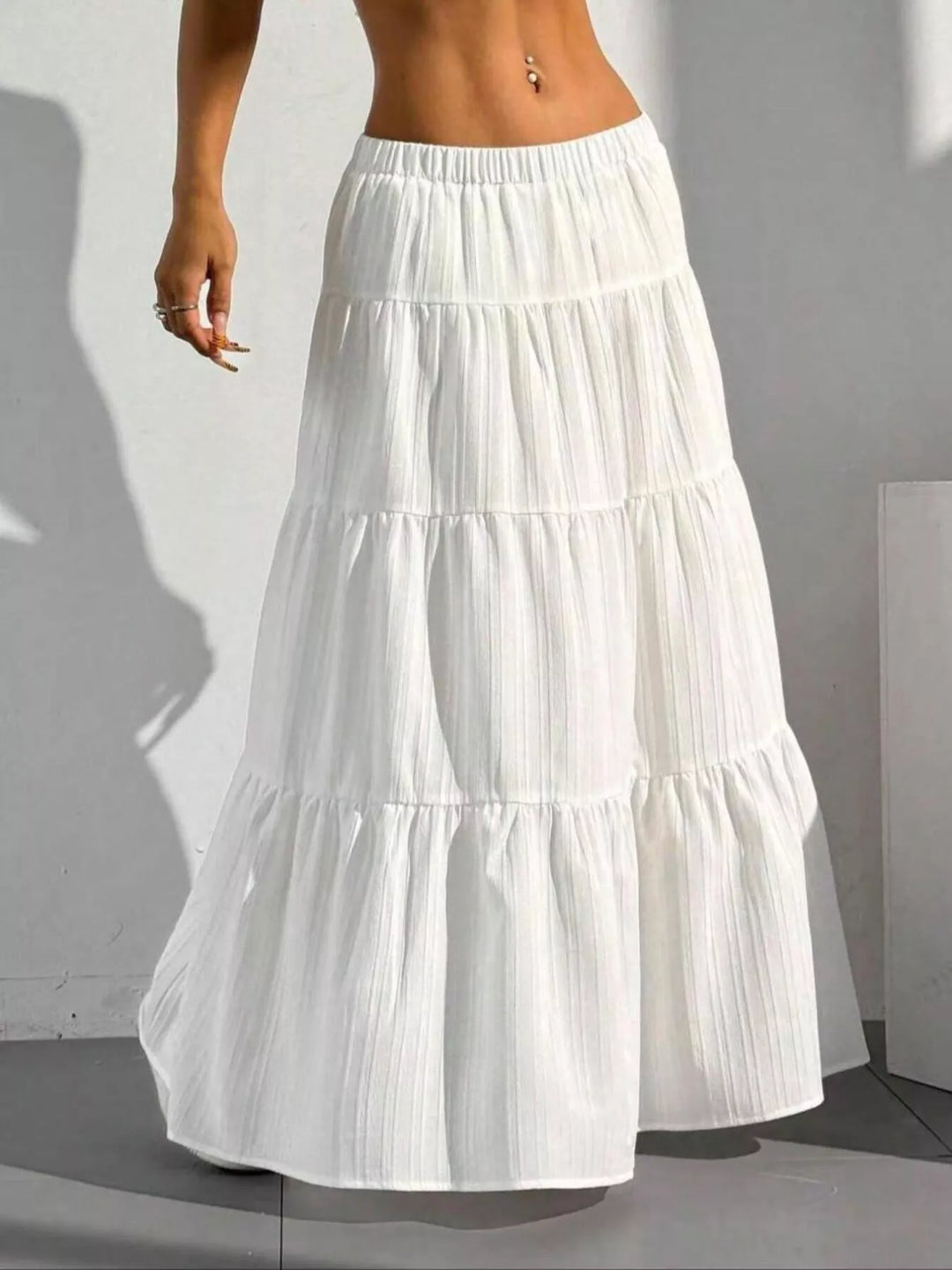 White Tiered ruched maxi skirt with elastic waist