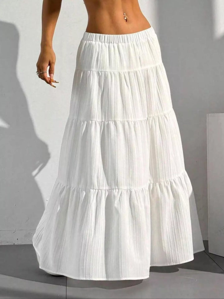 White Tiered ruched maxi skirt with elastic waist