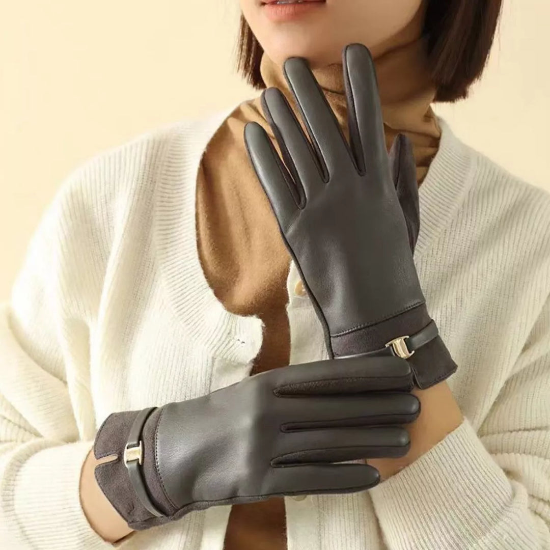 Dark Gray Faux leather gloves with gold buckle strap and suede panels