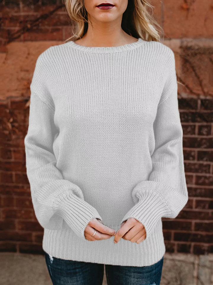 White Tie-back ribbed knit sweater with long sleeves