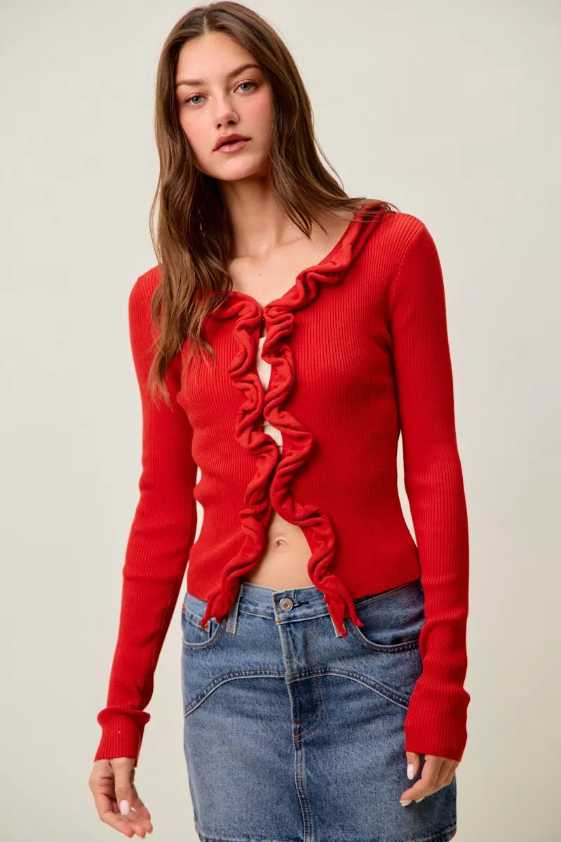 Ribbed knit cardigan with cascade ruffle trim