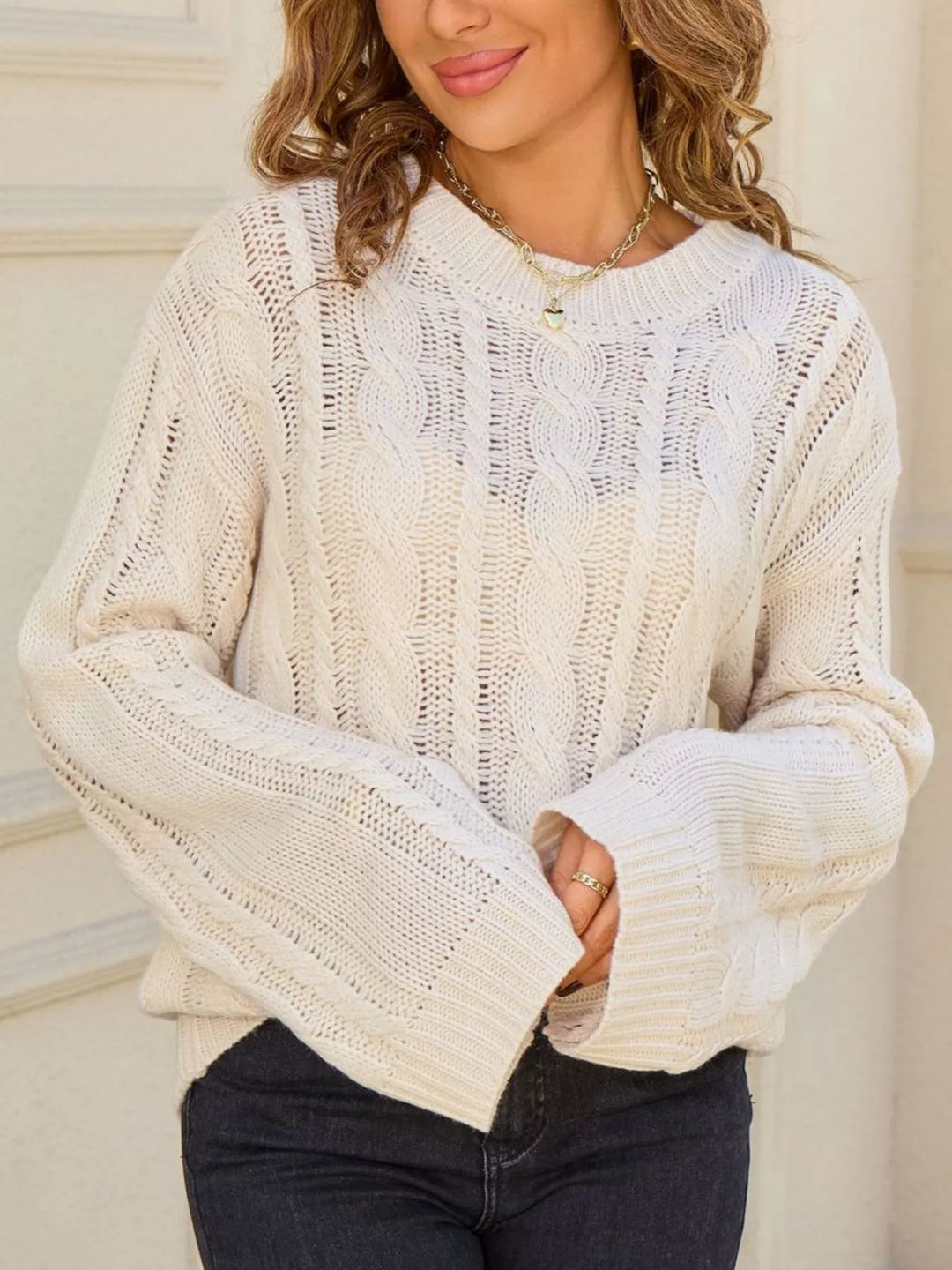 Openwork cable knit long sleeve crew neck sweater