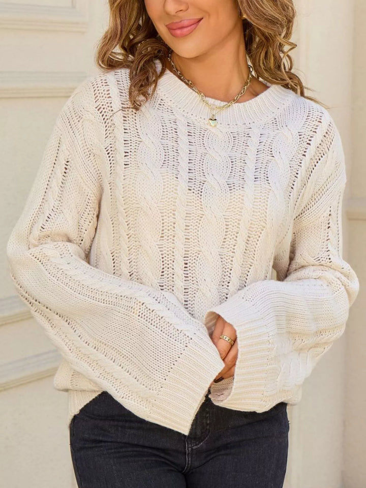Openwork cable knit long sleeve crew neck sweater