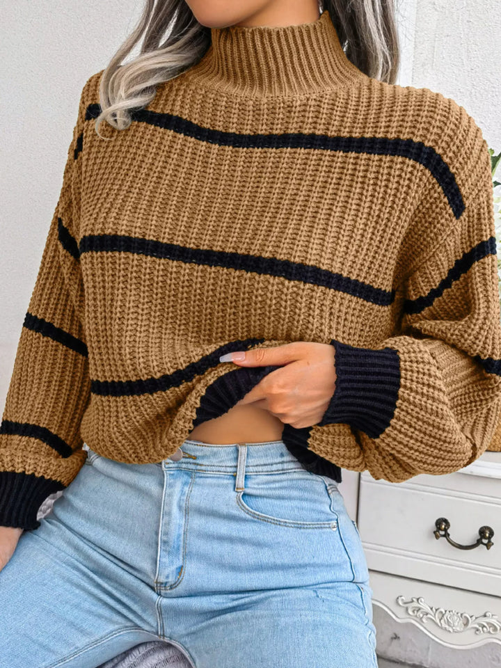 Striped mock neck chunky ribbed knit sweater