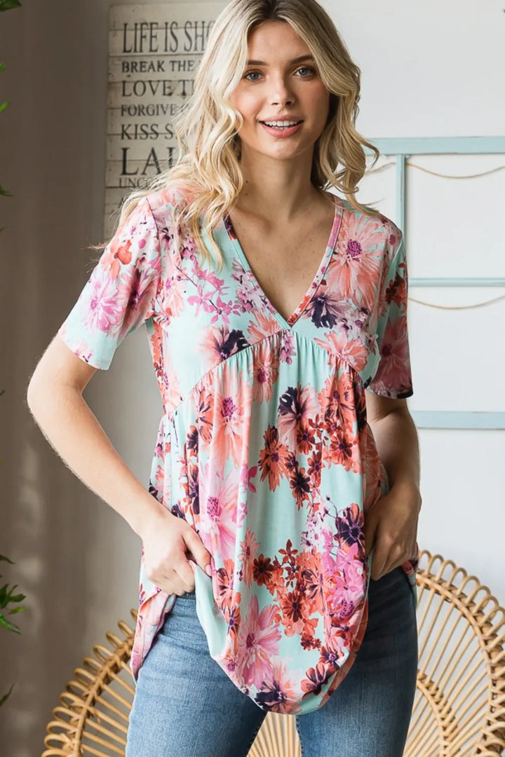 Floral V-neck short sleeve babydoll tunic top