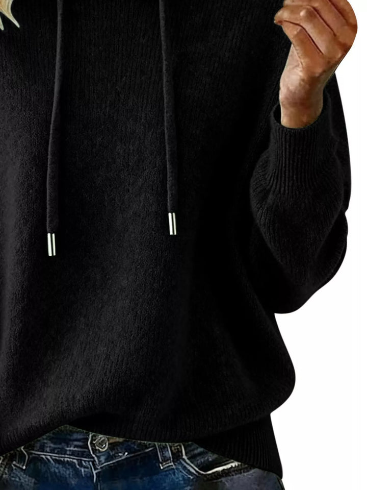 Drawstring hooded knit sweater with ribbed cuffs