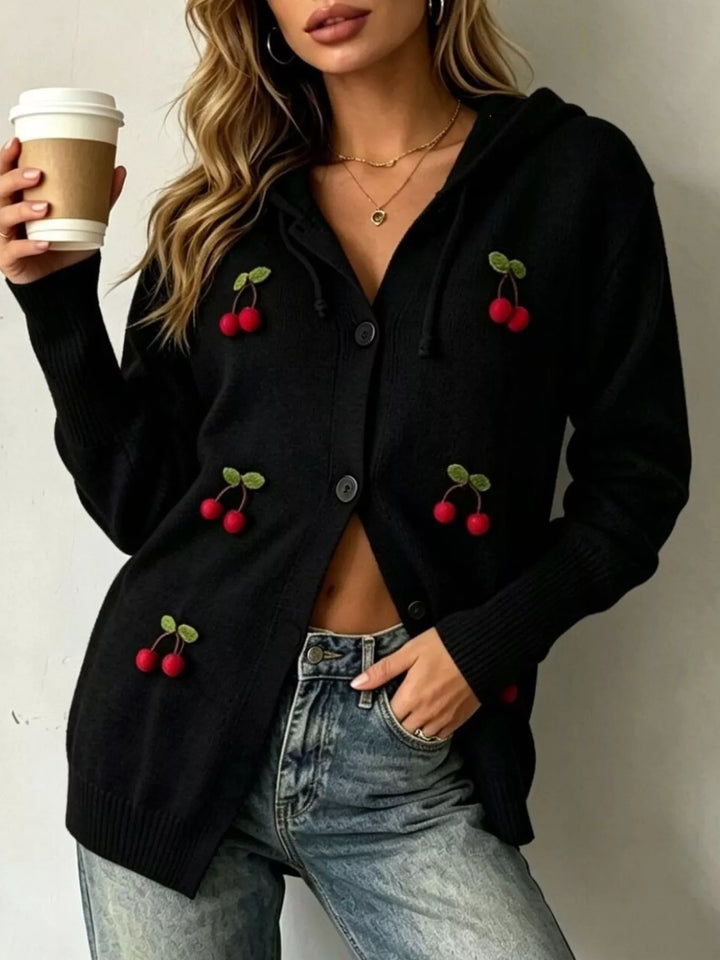 Black 3D cherry applique button-front hooded cardigan