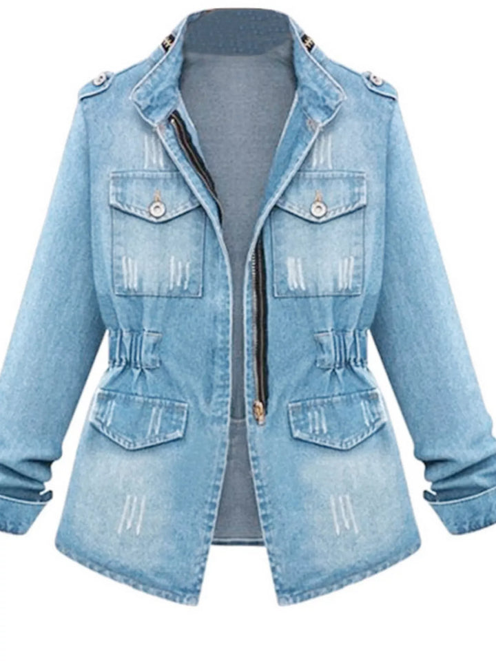 Distressed zip-up utility denim jacket with cinched waist