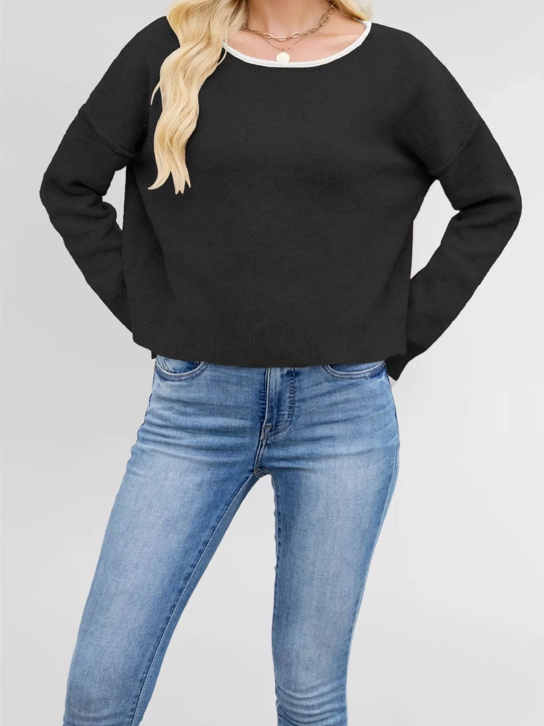 Black Contrast trim drop shoulder knit sweater with ribbed hem