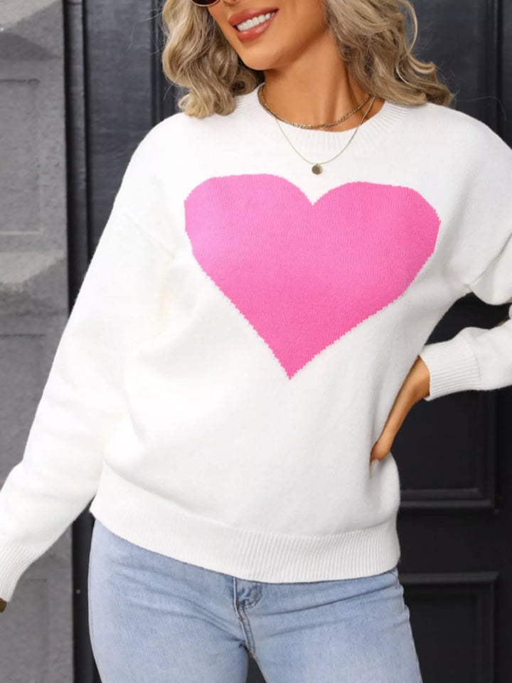Heart intarsia dropped-shoulder crewneck sweater