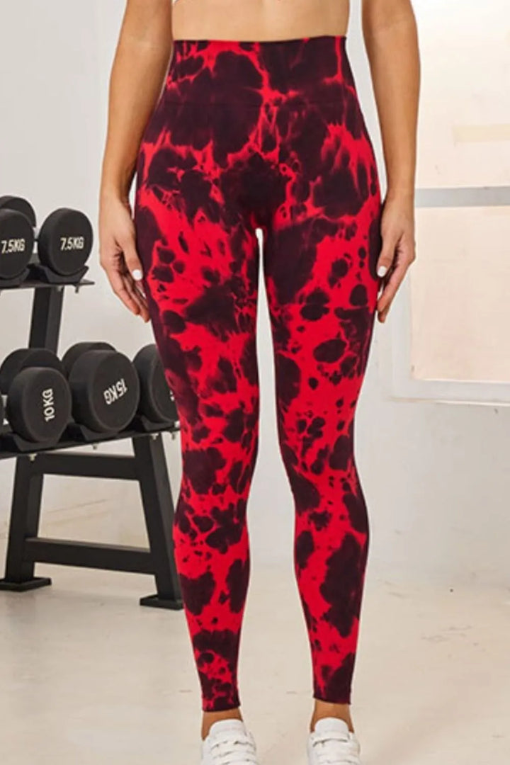 Deep Red Tie-dye high-waist active leggings with wide waistband