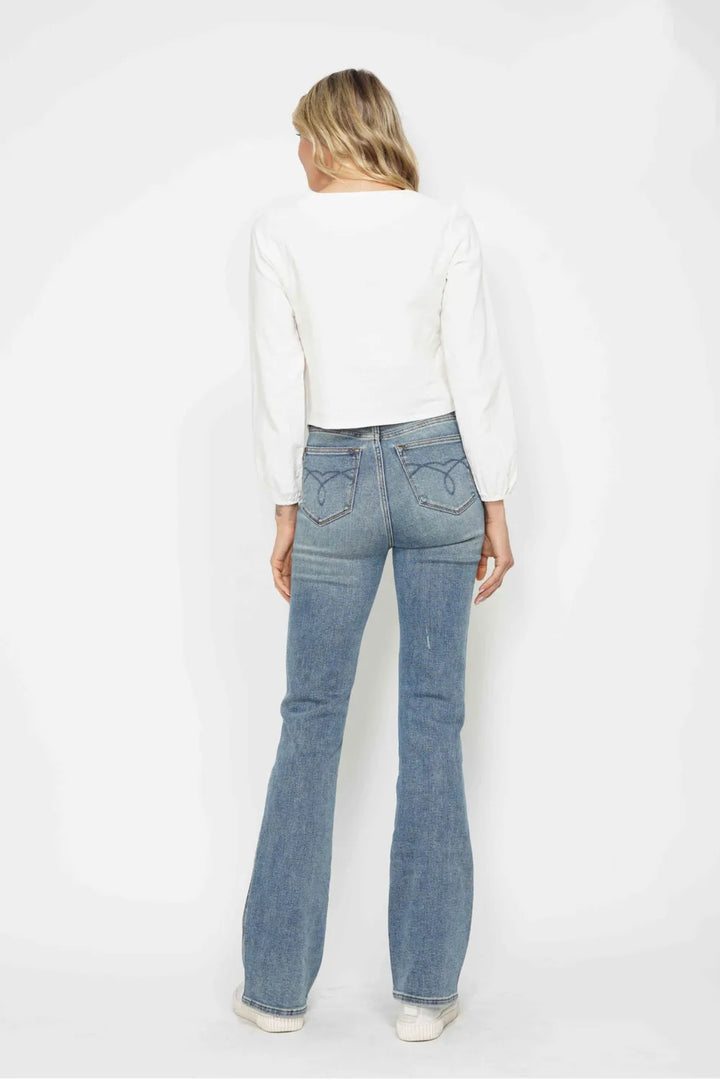 High-rise tummy control bootcut jeans with embroidered pockets