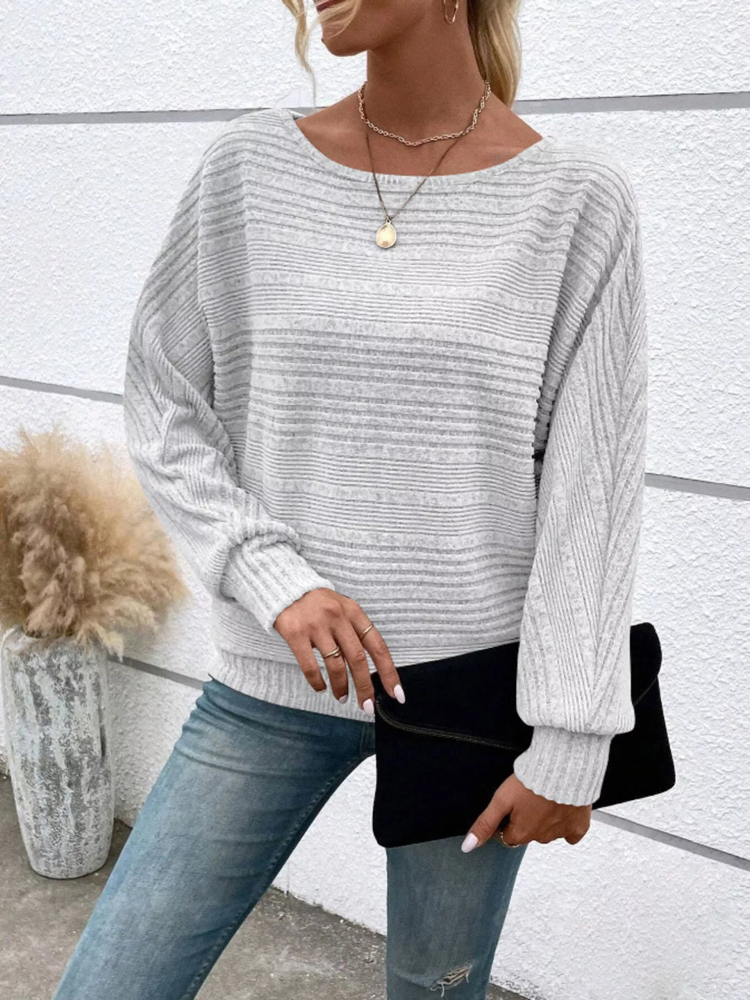 Ribbed knit long sleeve top with dolman sleeves