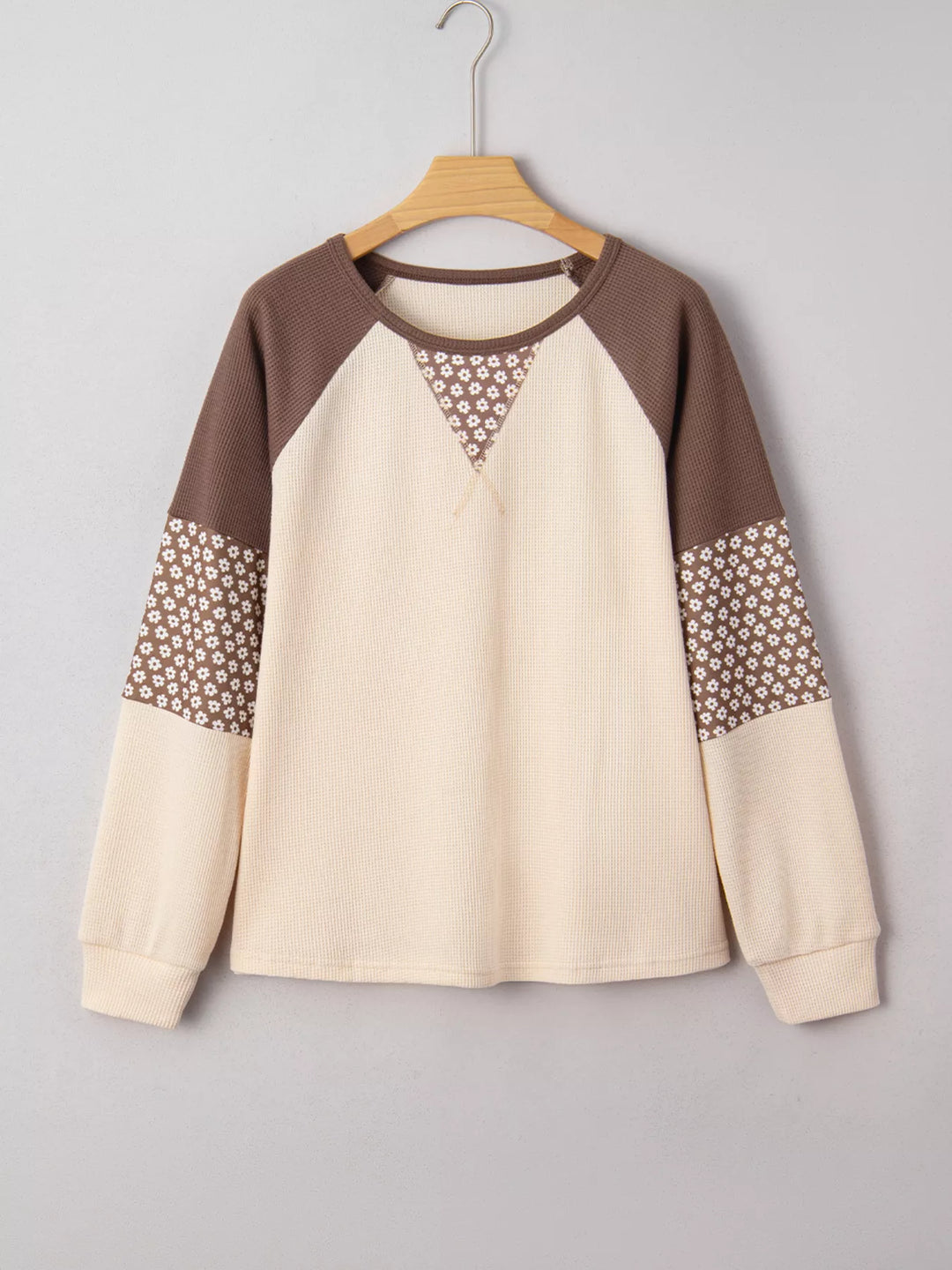Floral patchwork color block raglan long sleeve top
