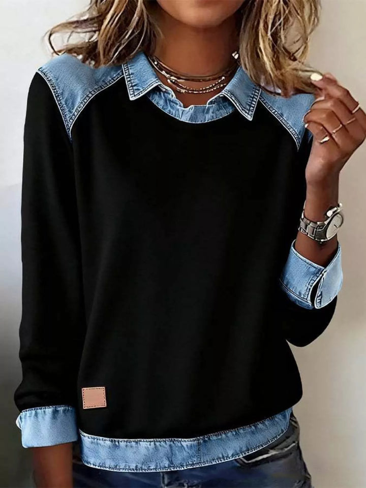 Black Denim-trim long sleeve crew neck pullover top