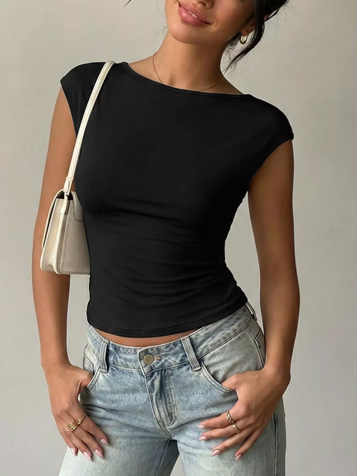 Black Boat neck cap-sleeve fitted top with lace detail