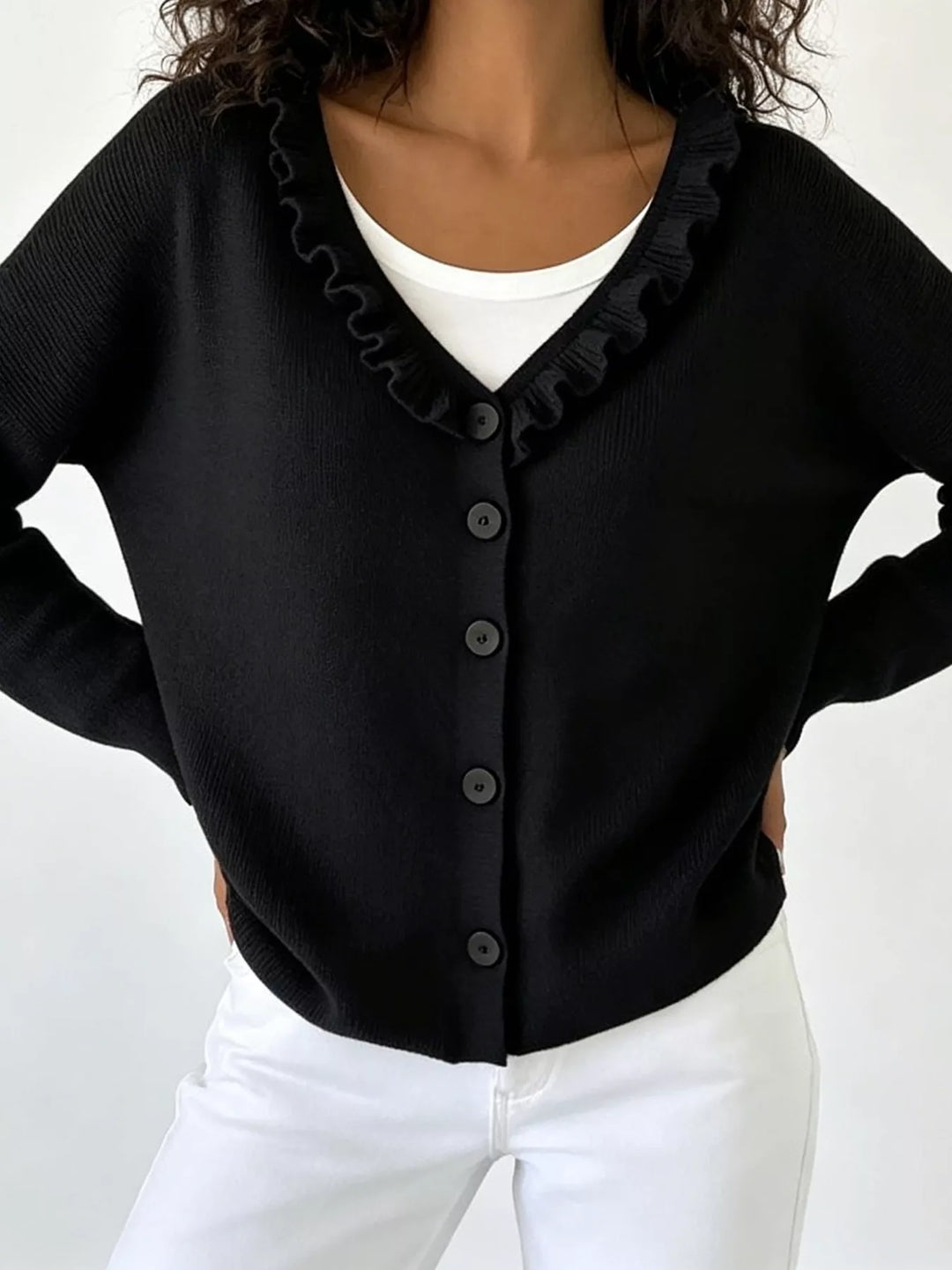 Black Ruffle-trim V-neck button-front knit cardigan