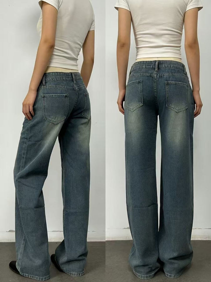 Vintage wash wide leg jeans with whiskered fading