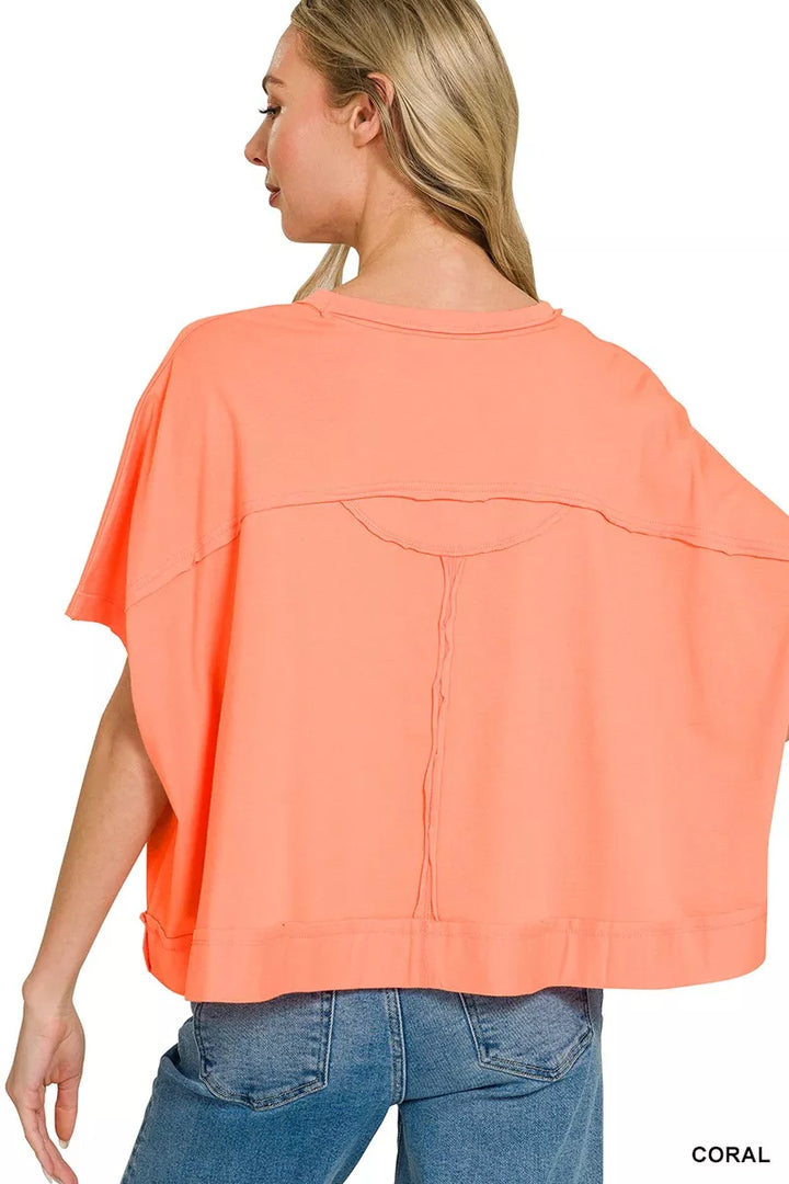 Exposed seam boxy crop tee with chest pocket