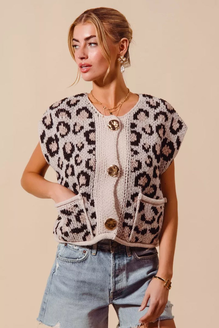 LEOPARD Leopard knit button-front sweater vest with gold buttons