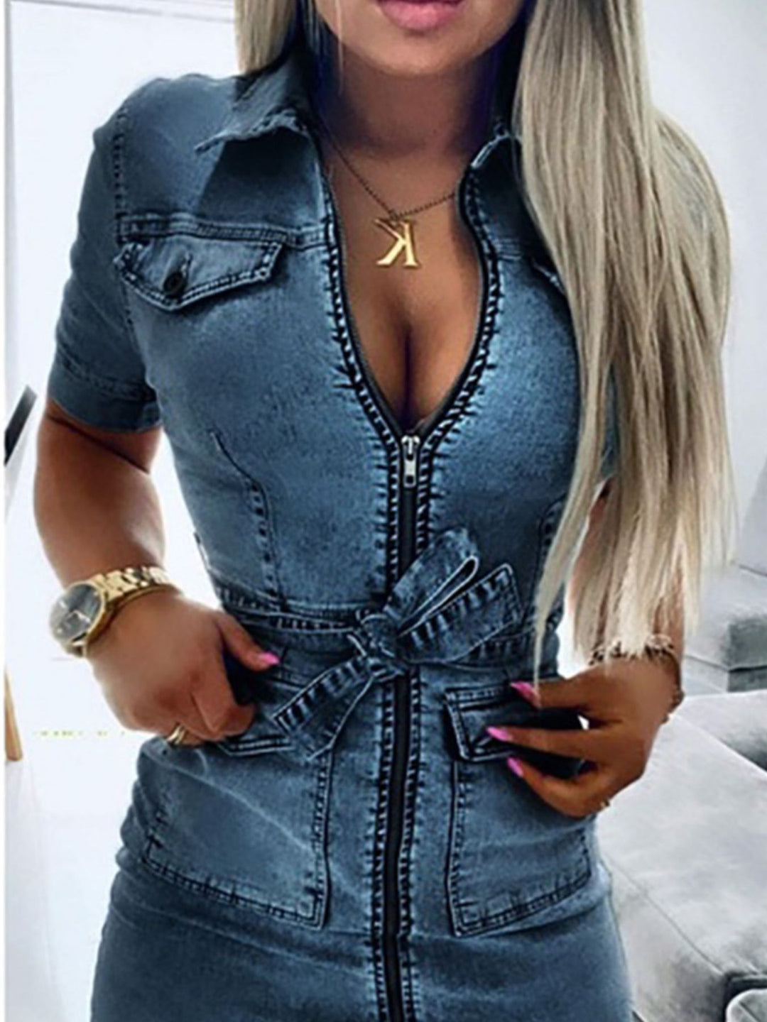 Blue Zip-front tie-waist short sleeve denim mini dress