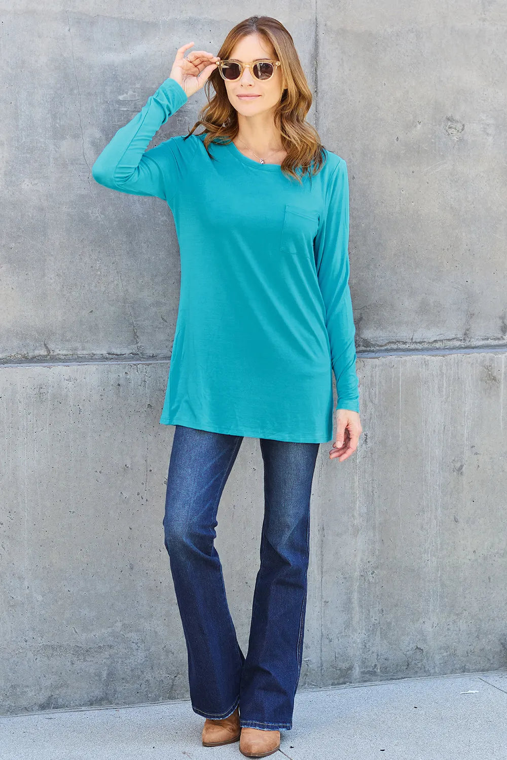 Long sleeve round neck tunic top with chest pocket
