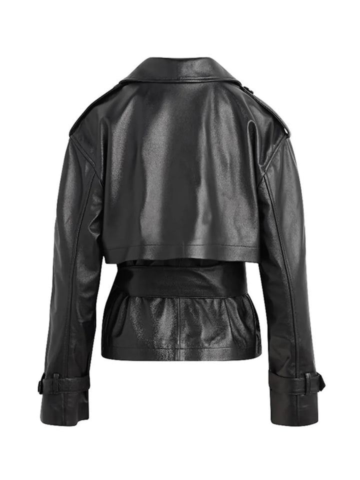 Belted cropped faux leather trench jacket with notch lapels