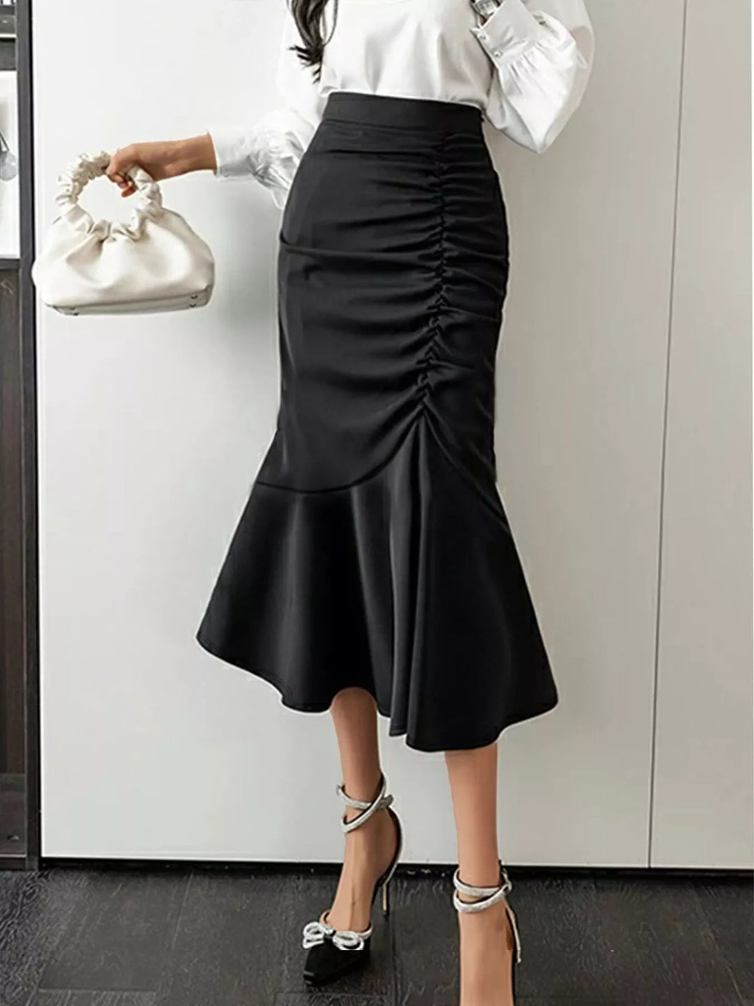 Ruched high-waist mermaid midi skirt