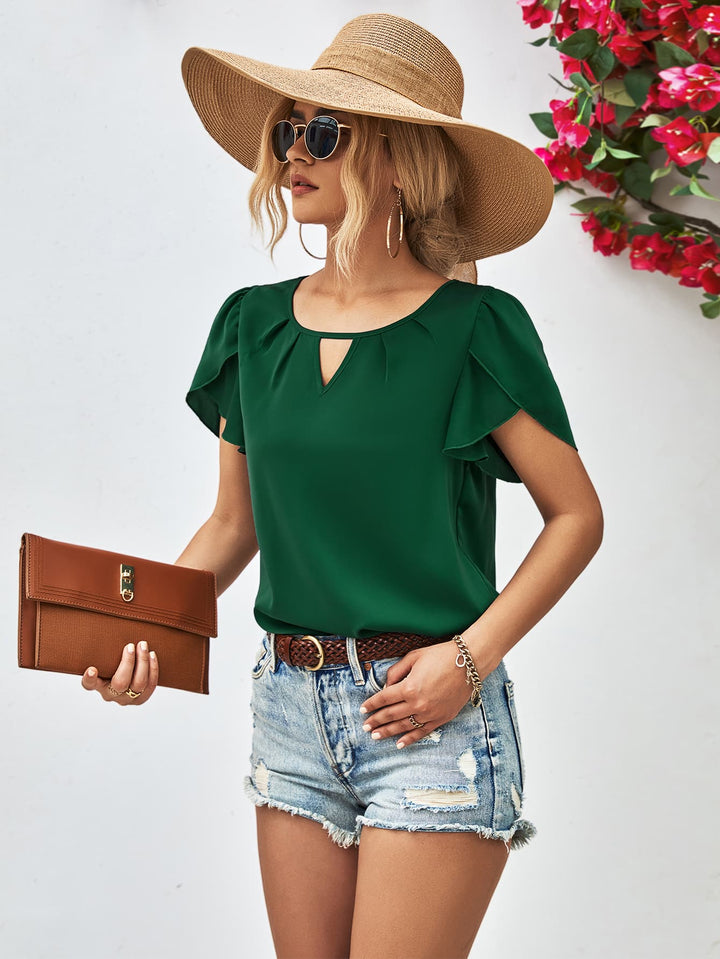 Petal sleeve blouse with keyhole cutout round neck
