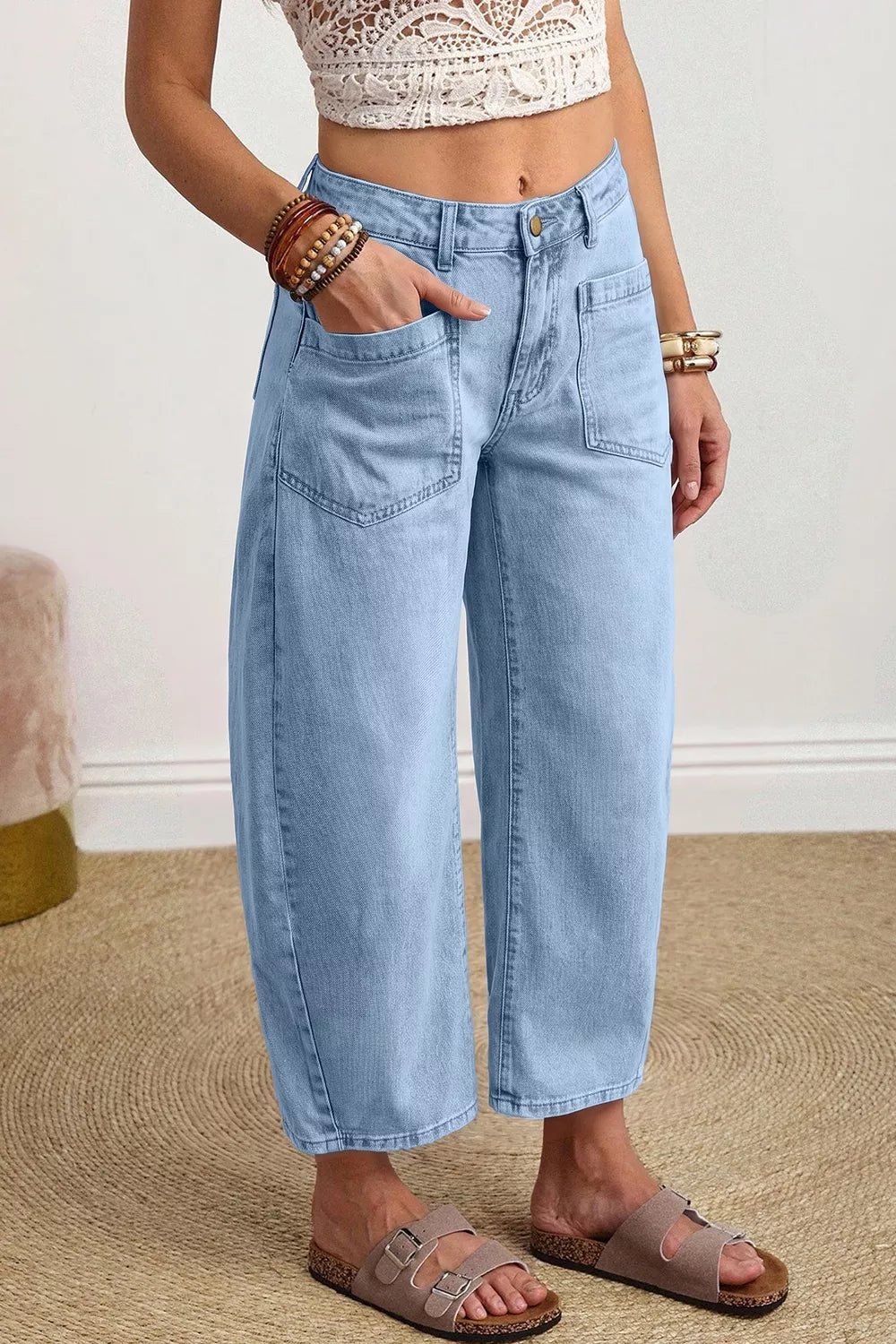 High-rise patch pocket wide leg cropped jeans - Light Blue