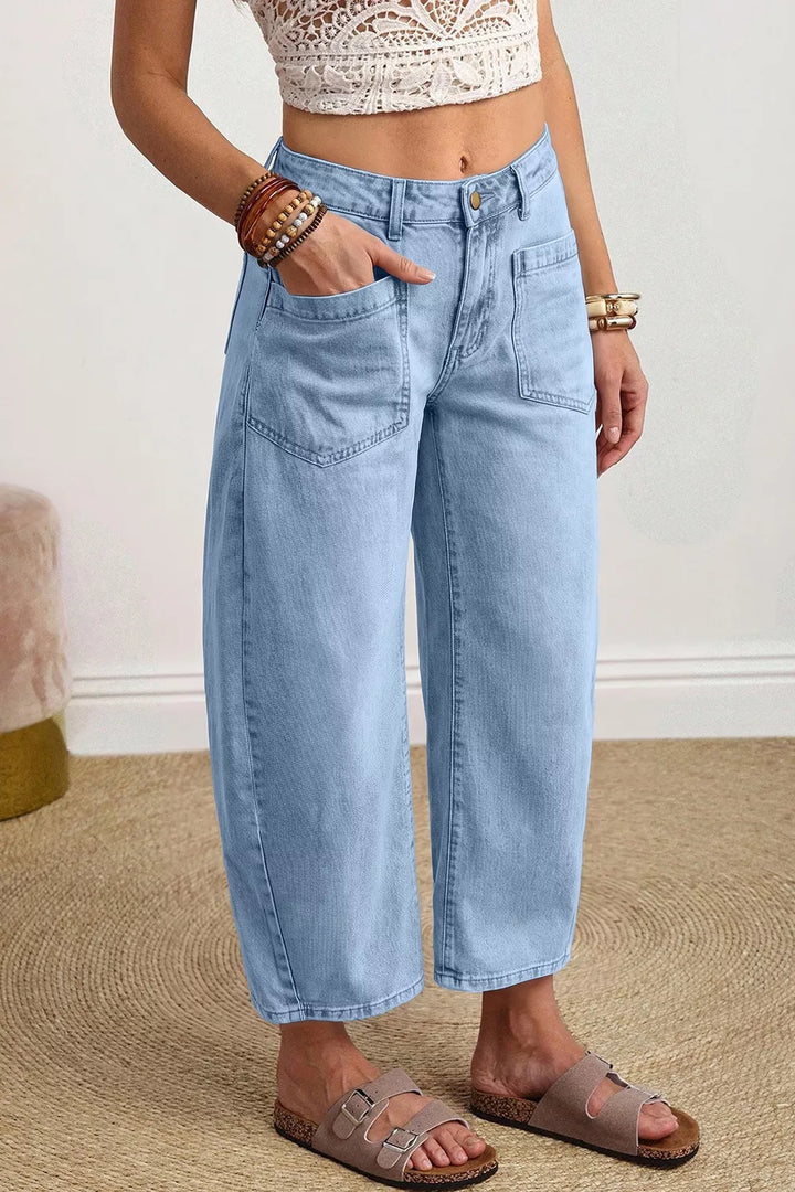 High-rise patch pocket wide leg cropped jeans - Light Blue