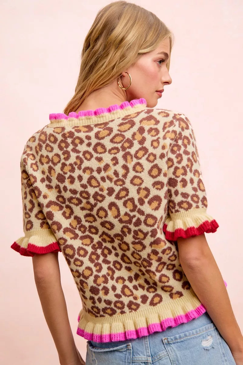 Leopard print knit button cardigan with ruffle trim