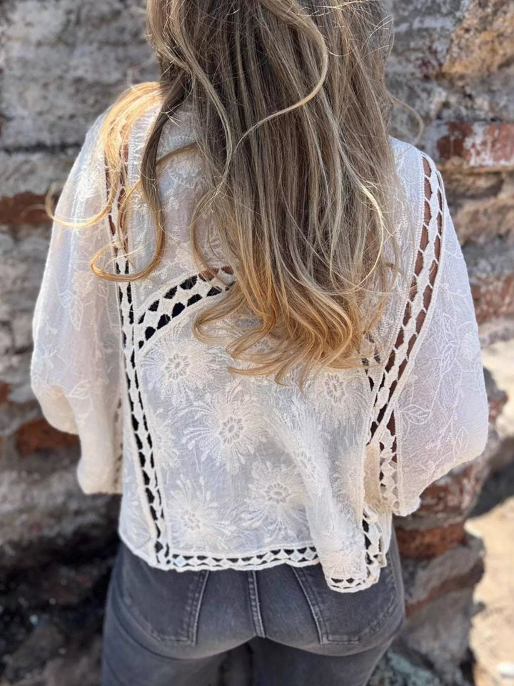 Embroidered floral lace open-front cardigan with crochet trim