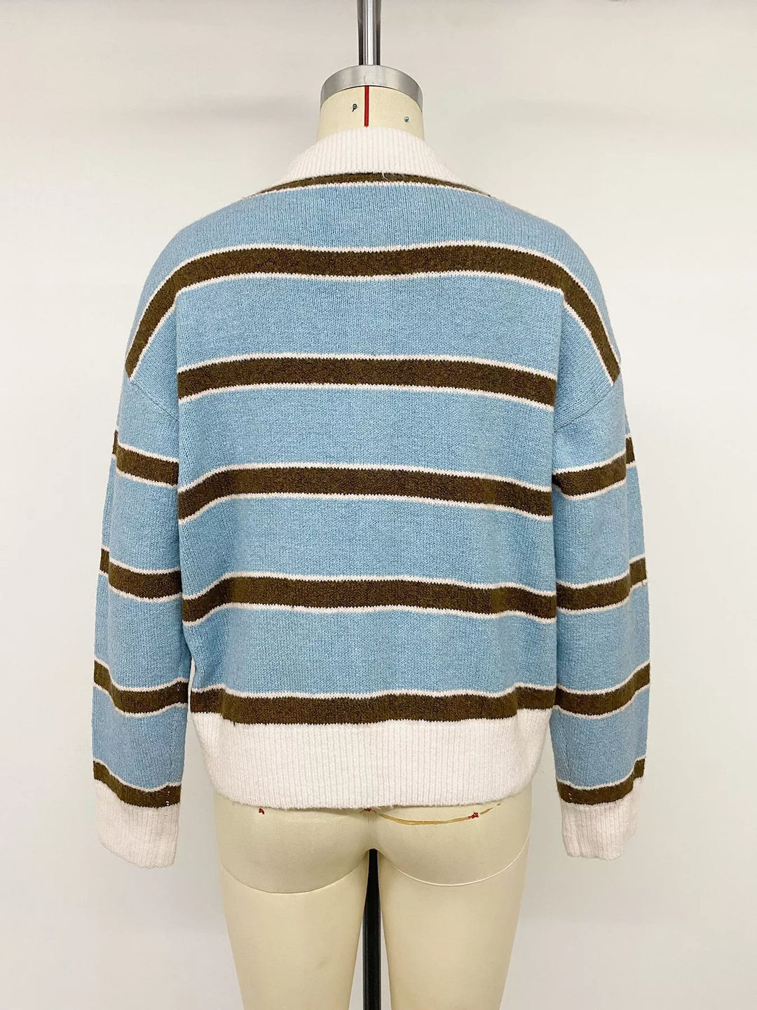 Striped knit polo collar sweater with button placket