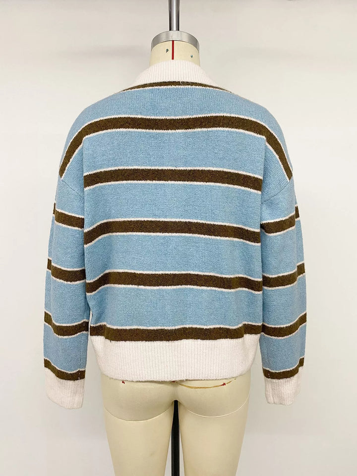 Striped knit polo collar sweater with button placket